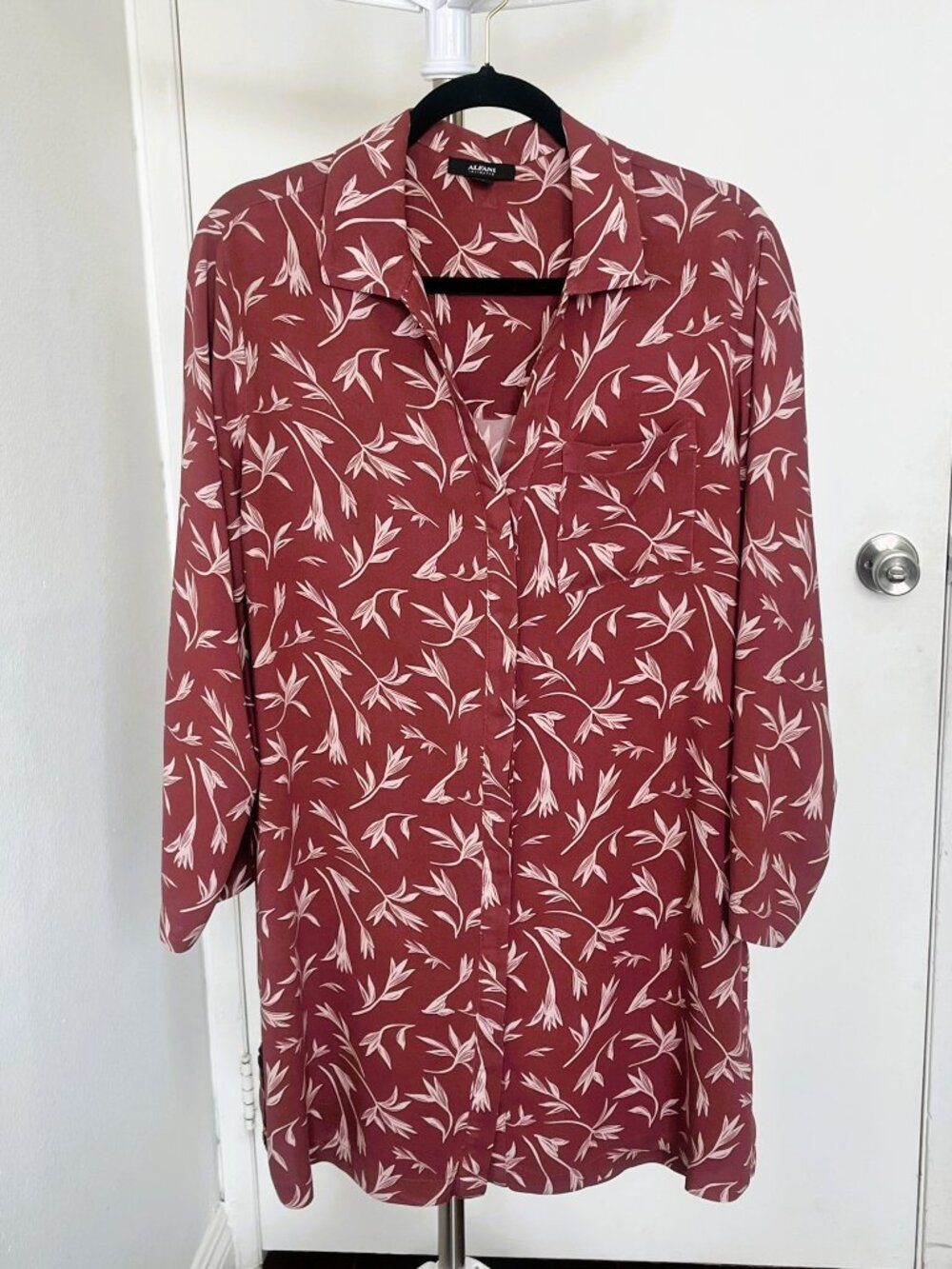 Alfani Floral Long Sleeve Shirt Dress Size M Burgundy Lounger Tunic Cover Up
